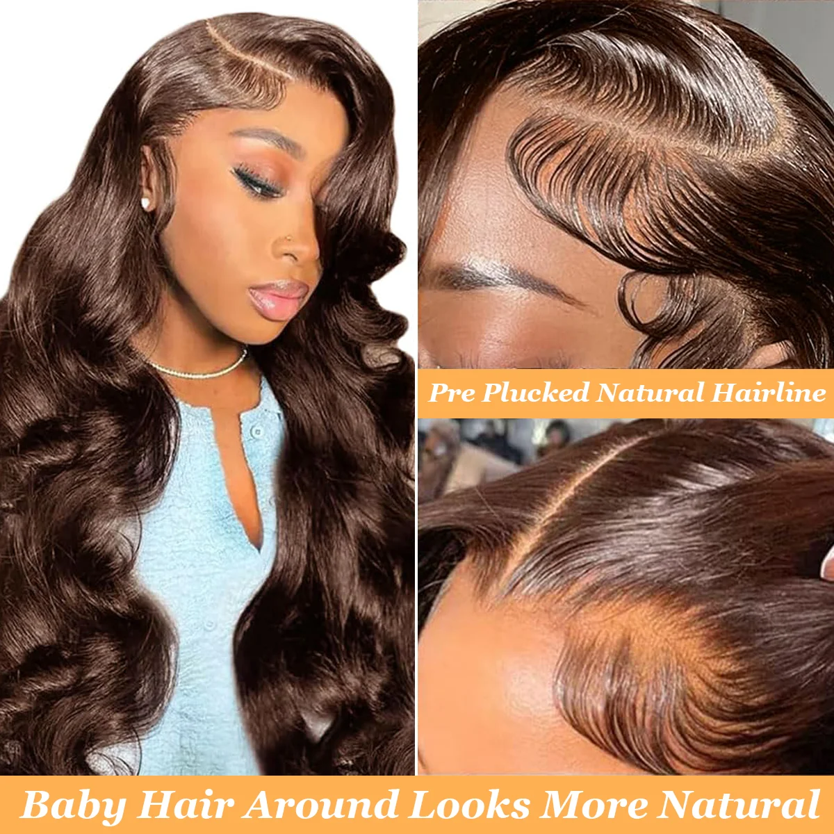 # วิกผมบราซิลแท้สำหรับผู้หญิง สีน้ำตาลช็อกโกแลต 4 เฉด ขนาด 36 นิ้ว ความหนาแน่น 220% แบบลอน Body Wave  พร้อมฐานลูกไม้โปร่งใส HD ขนาด 13*6 และ 13*4