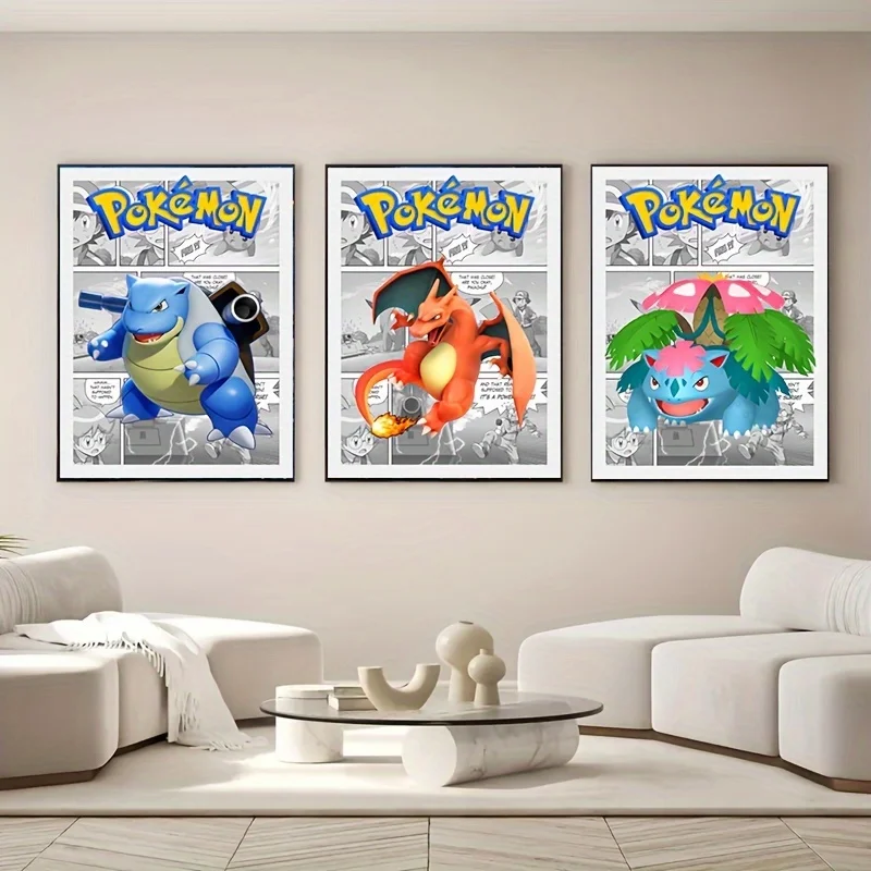 โปสเตอร์โปเกมอน Charizard Blastoise venusaur ภาพวาดผ้าใบอะนิเมะญี่ปุ่นศิลปะบนผนังตกแต่งติดผนังเกม3ชิ้นการตกแต่งบ้านไร้กรอบ