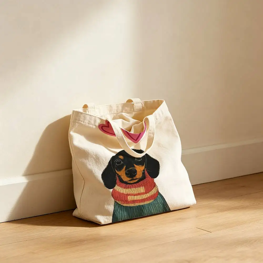 Dog Puppy Canvas Tote Bag Waterproof Lining Large Capacity Reusable Shopping Bags Casual Student Daily Handbag