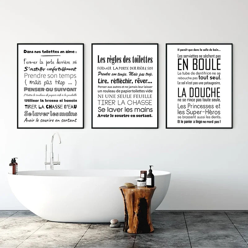 Diamond Painting French Toilet Rules Art Prints Black and White Minimalist Bathroom Quote Poster Diamond Painting  France Bath