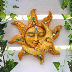 Colorful Metal Carving Celestial Mosaic Sun and Moon Wall Hanging Ornament Plaque Sculpture for Indoor Outdoor Home Wall Decor