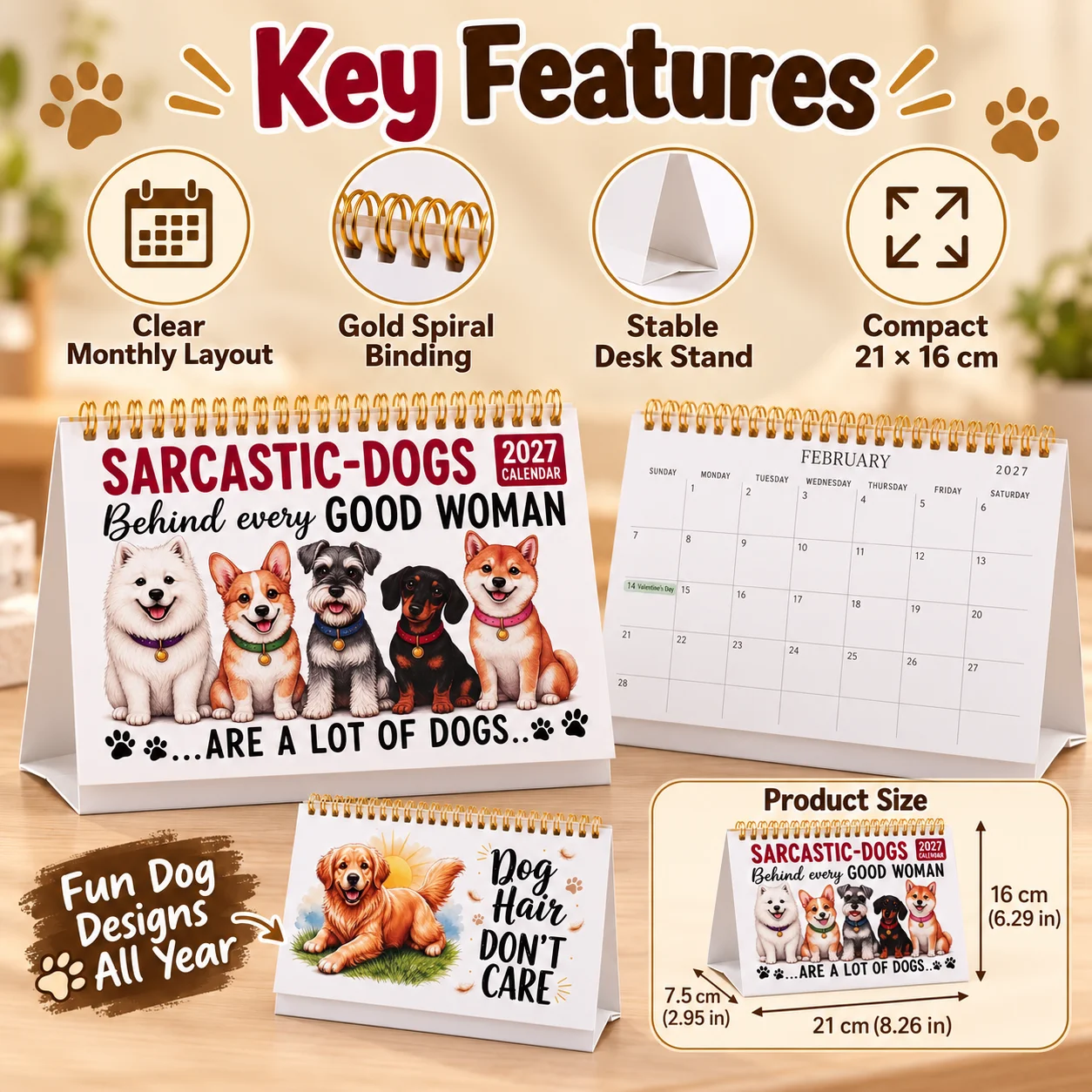 2027 Cute Dog Desk Calendar, Gold Spiral Triangular Stand Weekly & Monthly Planner for Home Office Decor Dog Lover Holiday Gift