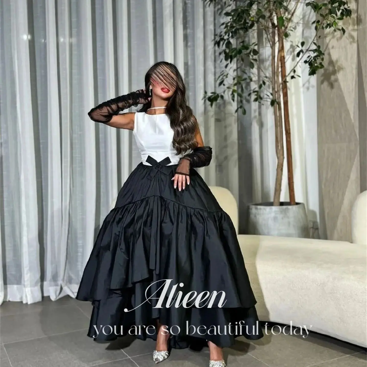 

Aileen Black and White Sleeveless Satin Luxurious Women's Evening Dresses for Special Occasions Elegant Wedding Party Dress Gala