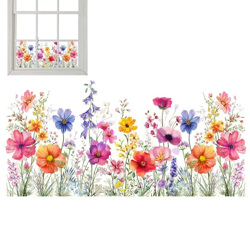 Wildflower Wall Decals Double Sided Static Flower Garden Window Stickers Removable Blue Wind Chime Flowers Decal For Home Window