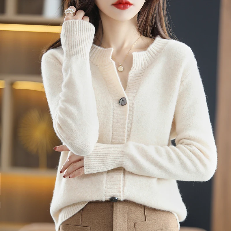 100% Wool Cashmere Cardigan Women\'s Autumn and Winter New Round Neck Sweater Loose Large Size Coat Korean Fashion Knitted Jacket