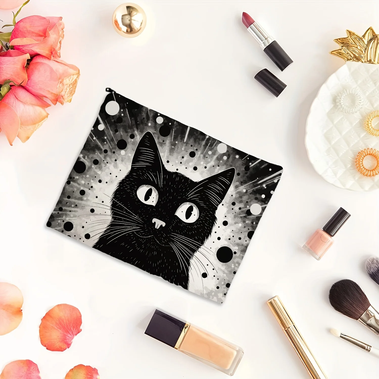 Una borsa per il trucco Black Cat: una graziosa borsa multifunzionale con cerniera per le donne, una borsa per riporre gioielli, una piccola borsa portaoggetti con cerniera da viaggio perfetta