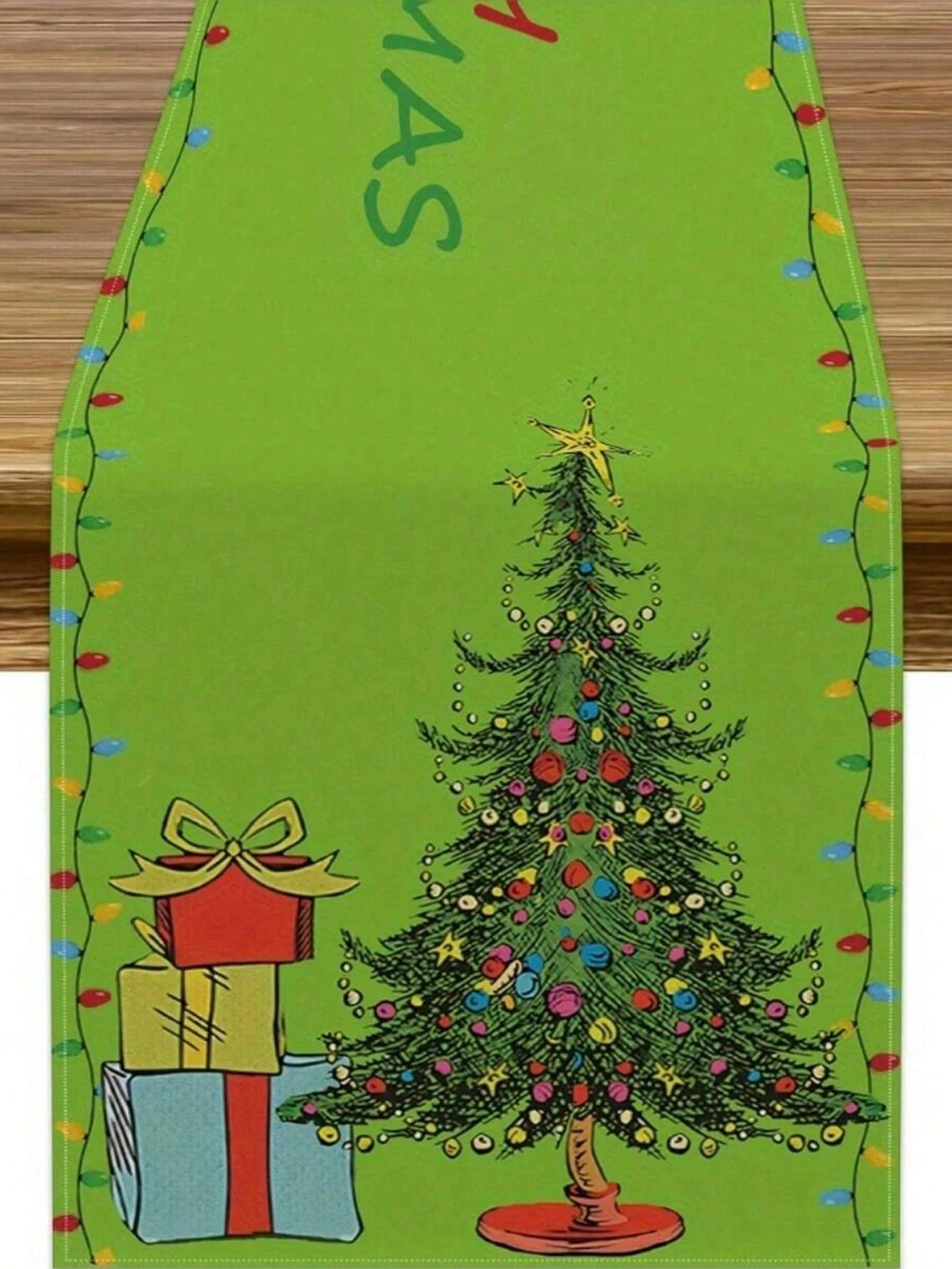 

JIT Christmas Table Runner Grinch Style Tree Pattern Whimsical Style Table Decor for Dining Table Holiday Decoration Fun Design