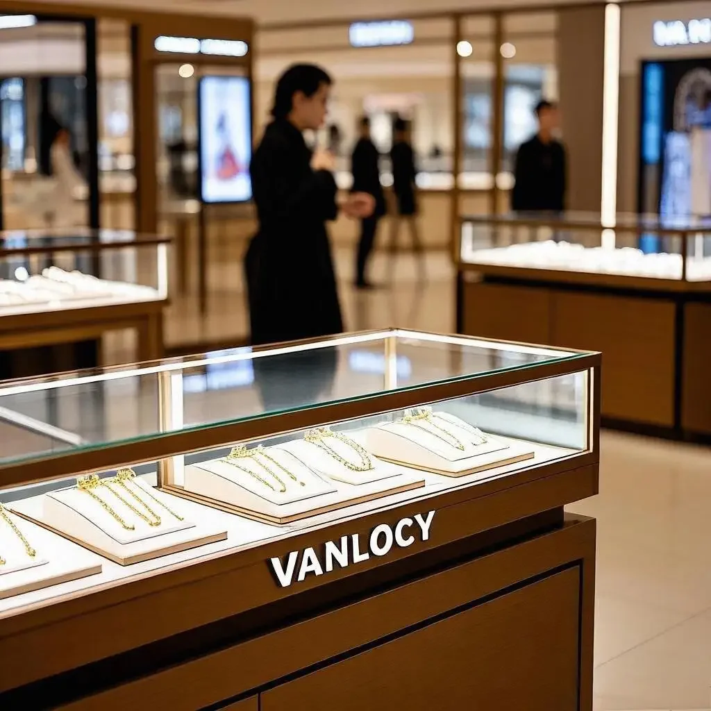 Custom Stainless Steel Jewelry Showcase Store Glass Display Cabinet with LED Lighting Shopping Mall Shop Furniture Design