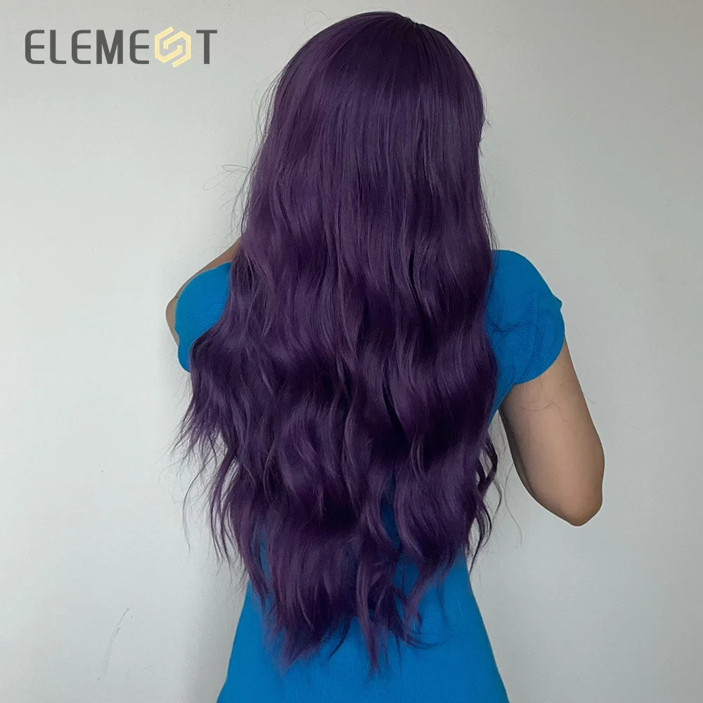 ELEMENT Long Wavy Synthetic Wig with Bangs Dark Puce Purple Body Curly Hair Wigs for Women Daily Party Cosplay Heat Resistant