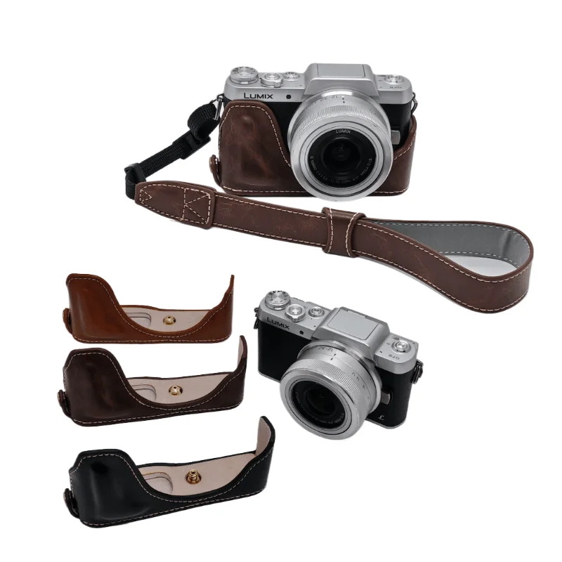 PU Leather Half Body Camera Bag Case For Panasonic Lumix GF7 GF8 GF9 GF10 Battery Open Bottom Cover with strap