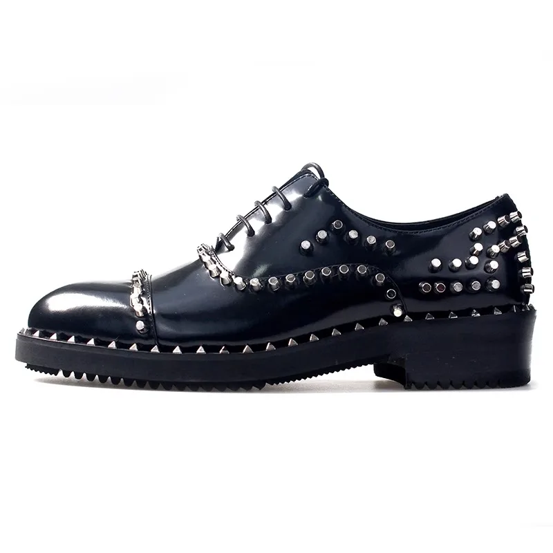New Cowhide Handmade Rivet Casual Oxfords Shoes Men Black Dress Lace Up Gentleman Office Premium Business Leather Shoes Male