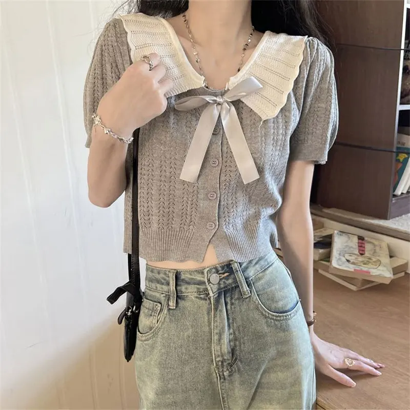 Women\'s Clothing Doll Collar Bow Knitted Shirt Hotsweet Slim Summer Short Sleeve Stylish Hollow Out Solid Color Patchwork Blouse