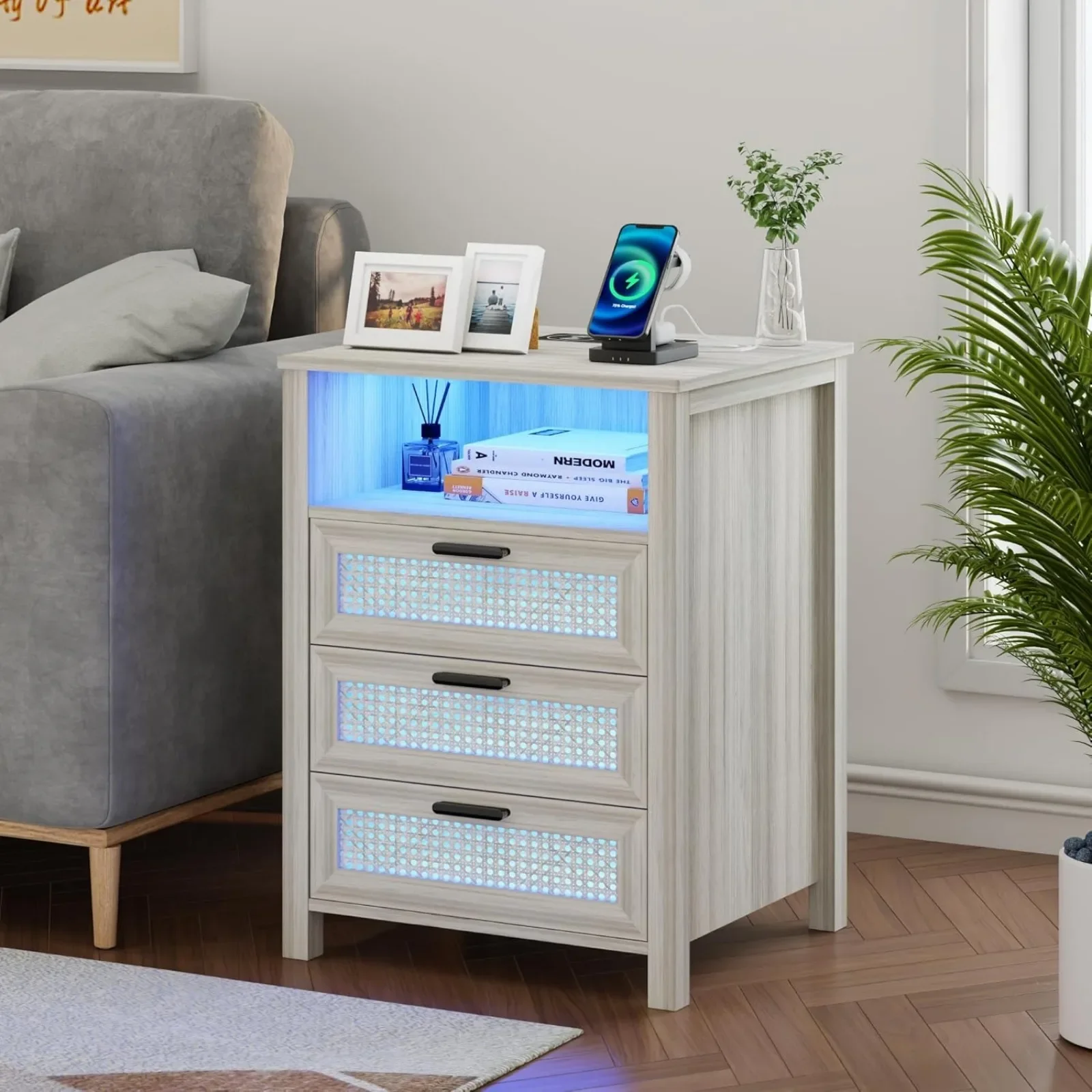 US Rattan Nightstand with Charging StationNight Stand with 3 DrawersandOpenShelfBed Side Table with LED LightsforBedroom Living