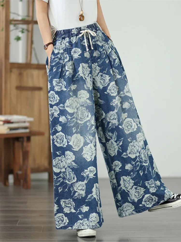 特大ジーンズ弾性ハイウエスト夏のパンツ女性の花花柄 Modis 女性のズボンカジュアルルーズワイドレッグ女性パンツ