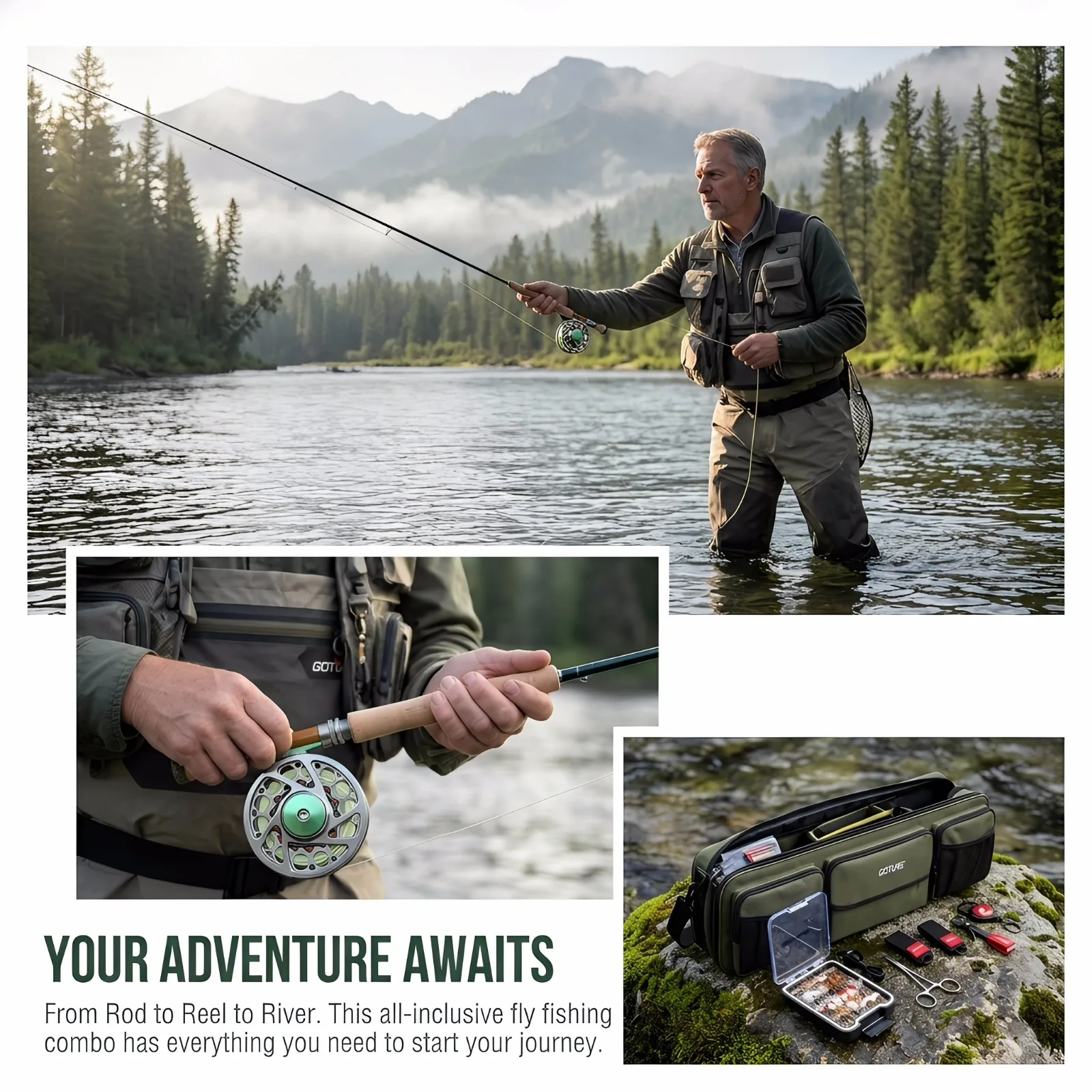 

Комплект для нахлыстовой рыбалки Goture: удилище из высокоуглеродистого волокна, катушка с предварительно нанизанной леской (CNC), 30 мушек, сумка для переноски, для пресной и соленой воды