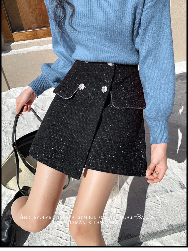 SMTHMA Beige Black Skirts For Women 2024 Faldas Mujer De Moda Vintage Tweed Vintage Jupe Vintage Korean Saia A-Line Mini Skirt