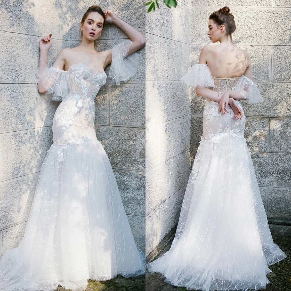 فستان زفاف حورية البحر الرعوية بدون ظهر فساتين زفاف على شكل قلب بدون أكتاف ذيل فرشاة رداء De Mariée مقاس مخصص #1
