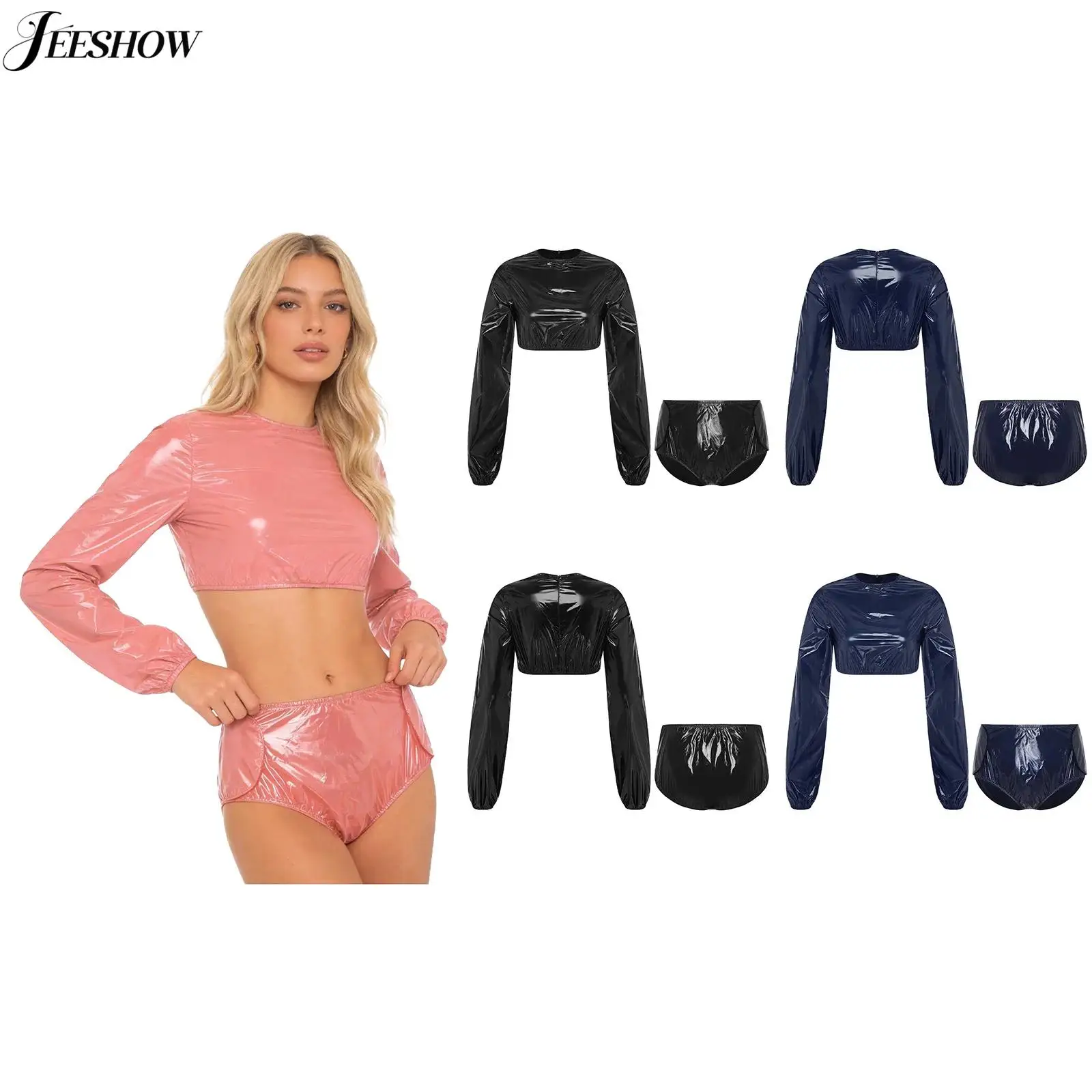 Womens Waterproof Crop Top with Shorts Sets Sweat Suit Crew Neck Long Sleeve T-shirts with Side Hook-loop Fastener Mini Shorts