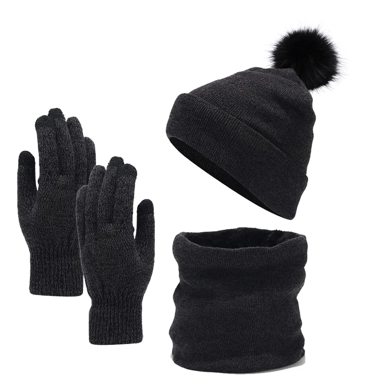 مجموعة قفازات وشاح صغيرة، لون خالص مع قبعة بوم بوم بدون إطار، قبعة شتوية متماسكة للرجال والنساء، للطقس البارد الدافئ في الهواء الطلق