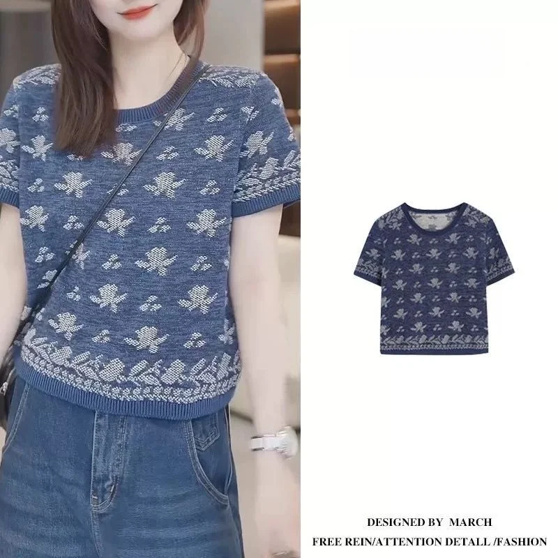Retro Fashion Short Sleeve round Neck Knitted Sweater Women Summer Casual Loose Meat Concealing Slimming Versatile Top Small ...