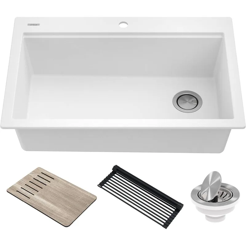 KRAUS Bellucci Workstation 33 in. Drop In Single Bowl Granite Kitchen Sink in White with Accessories, KGTW1-33WH