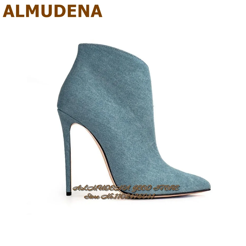 ALMUDENA Blue Denim Stiletto Heels Pointed Toe Ankle Boots Simple Designer Jeans Dress Pumps Elegant Party Shoes