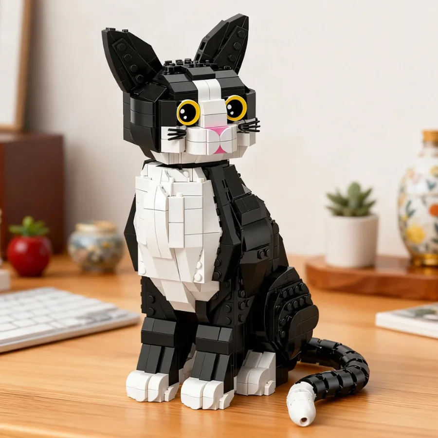 Schwarz-Weißes Katzen-Bausteinset Kreatives Sitzendes Kätzchen-Modellbausatz Erwachsenen-Tier-Montage-Spielzeug Sammlerstück Katzenfigur