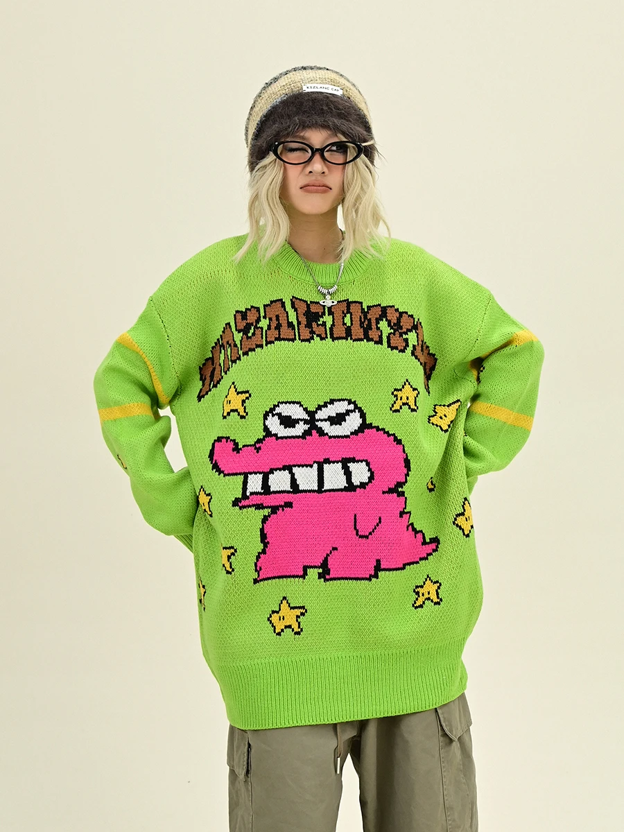 

Dopamine Cartoon Crew Neck Sweaters Women's 2024 Winter New Loose Bf American Retro Knitted Tide