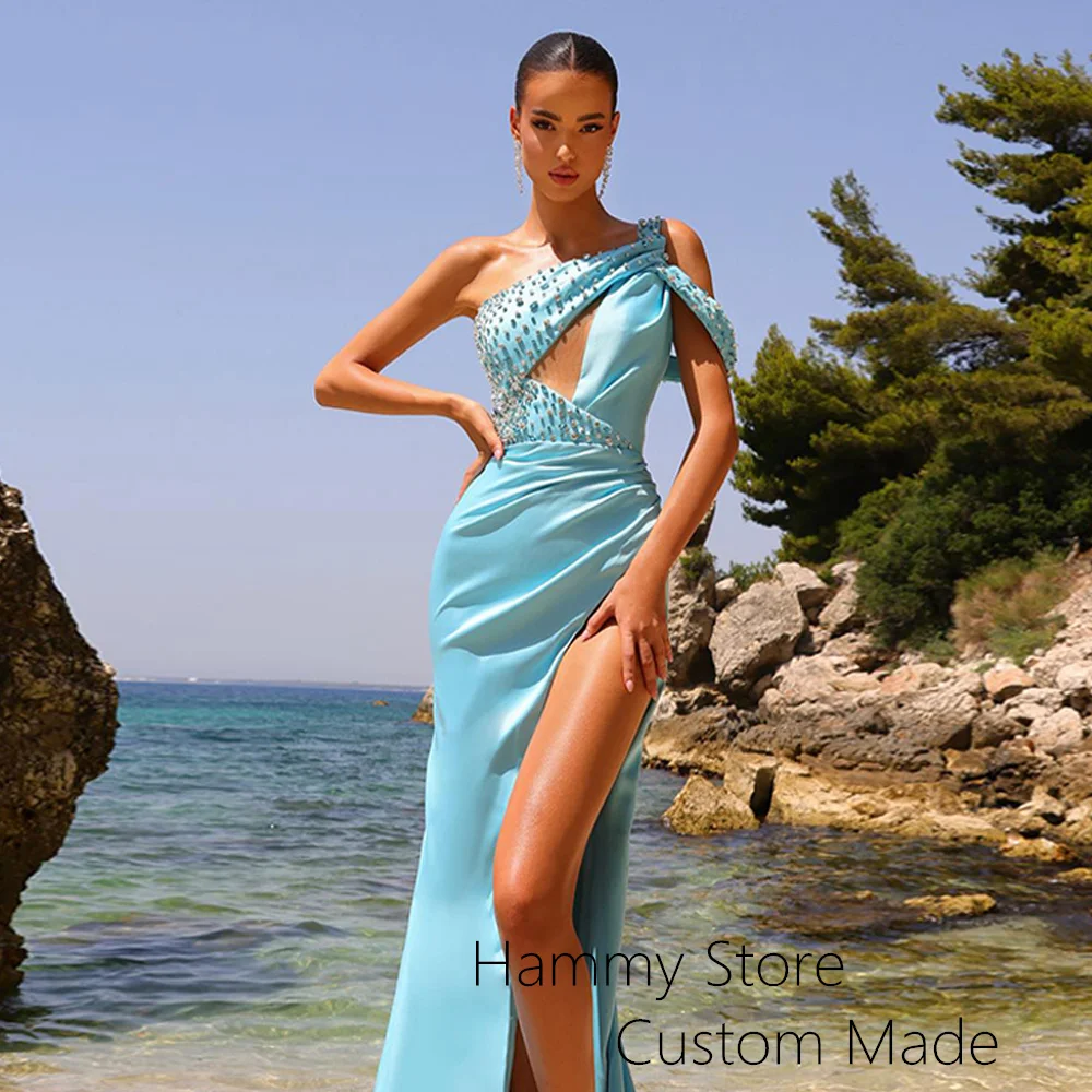 Sexy Light Blue Evening Dress for Pageant One Shoulder Sleeveless Rhinestones High Slit Satin Prom Gown 2024 Robe De Soiree