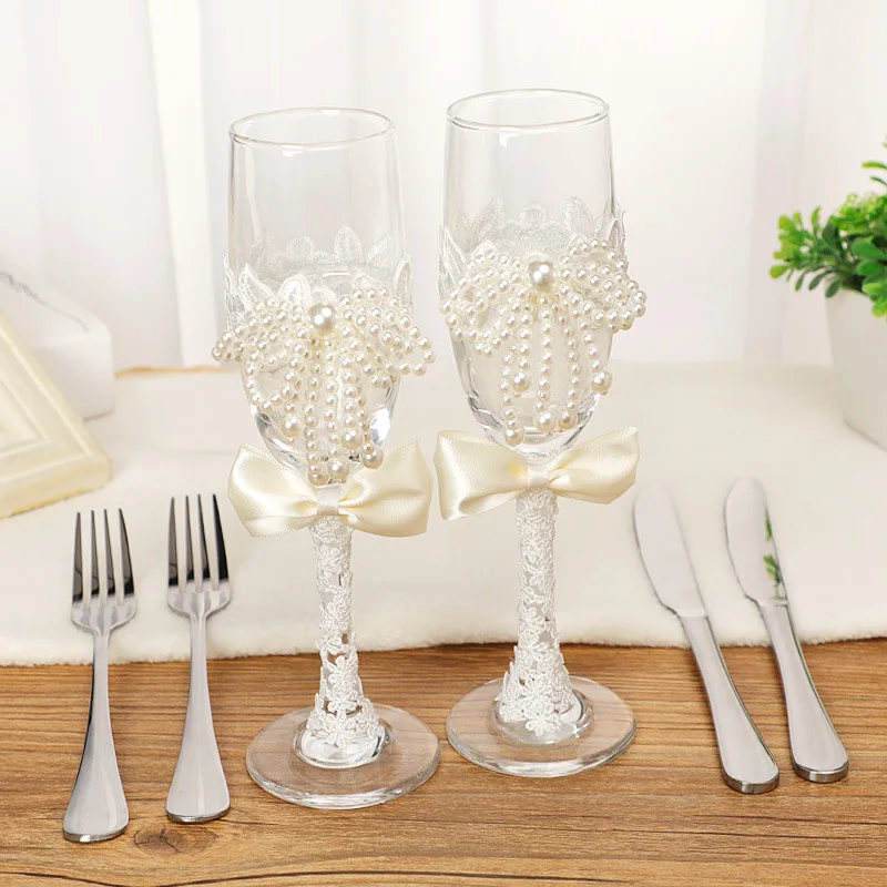 

2 sets Champagne Glass Knife And Fork 12Piece set Western-style Banquet Toast Cup Cake Knife And Fork New Wine Glass