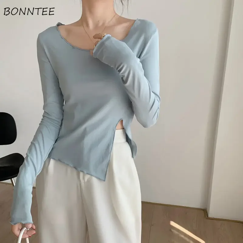 Asymmetrical T-shirts Women Inside All-match Long-sleeve Casual Side-slit Design Stylish Korean Style Female Tender Spring Cozy