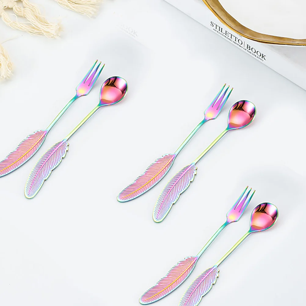 

2Pcs Spoon Fork Set Colorful Stainless Steel Dessert Serving Utensils Cake Ice Cream Spoons Travel Picnic Camping