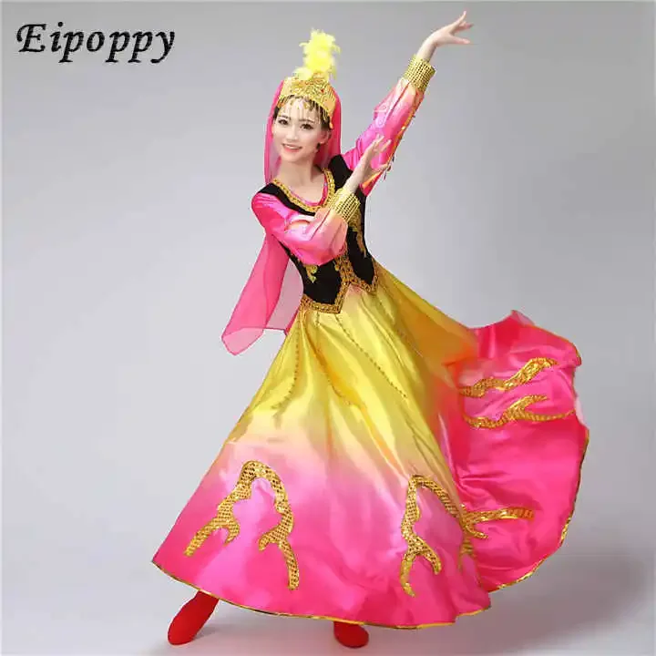 Xinjiang Kostuums Nationale Kostuum Opening Swing Rok Uygur Dance Wear Dames Dansrok Vierkant Kostuum