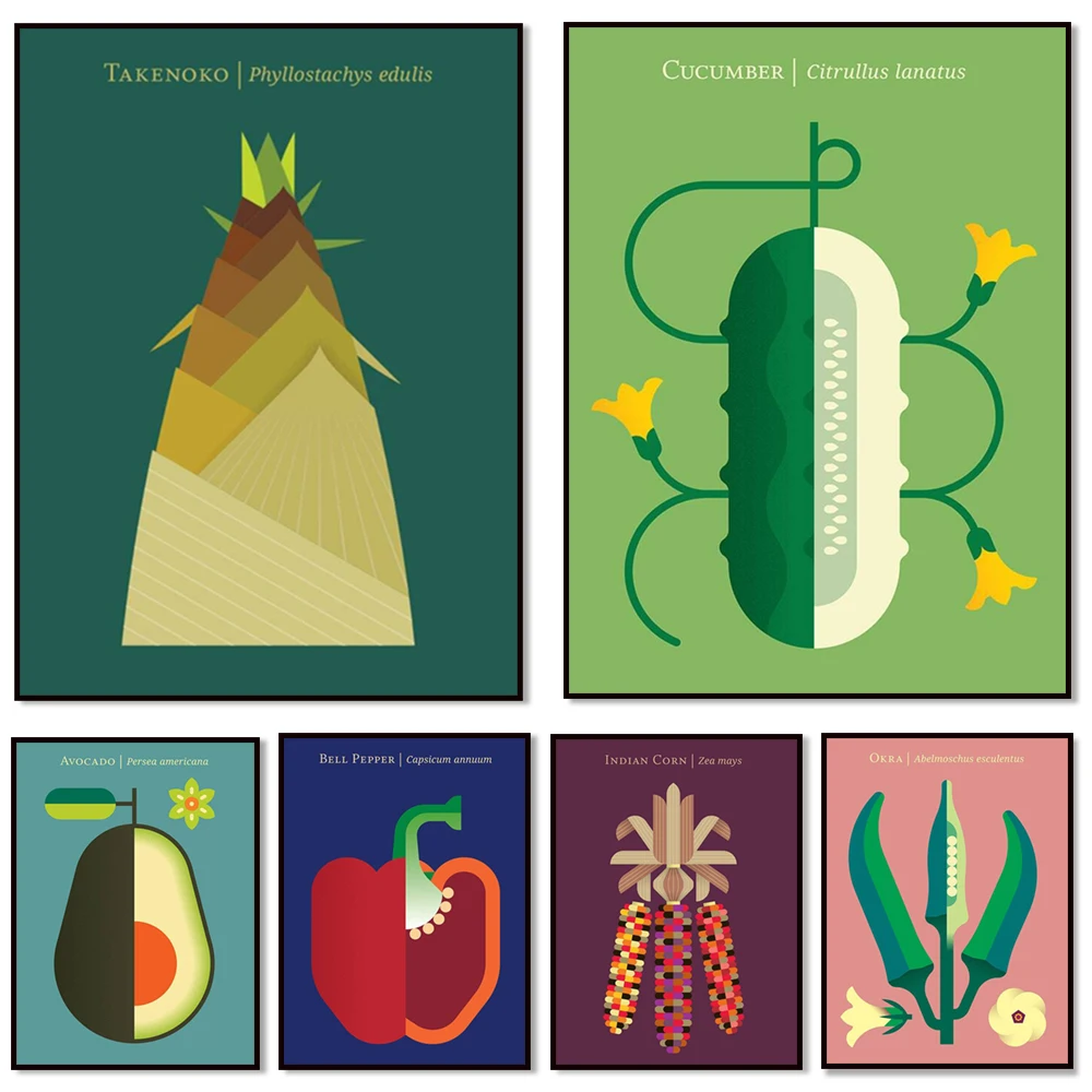 Vegetable poster, tomato, okra, beetroot, avocado, leek, cabbage, asparagus, cucumber, geometric art, scandinavian design, plant