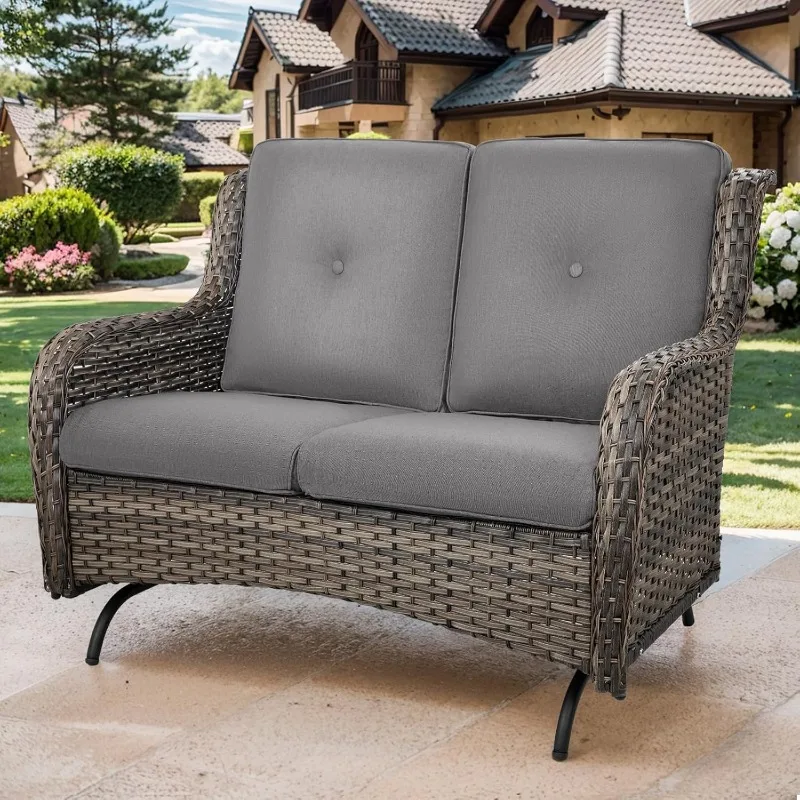 Loveseat Rattan Glider Sofa with Curved Armrest Thicking Back & Seat Cushions for Garden Balcony Backyard Grey Wicker