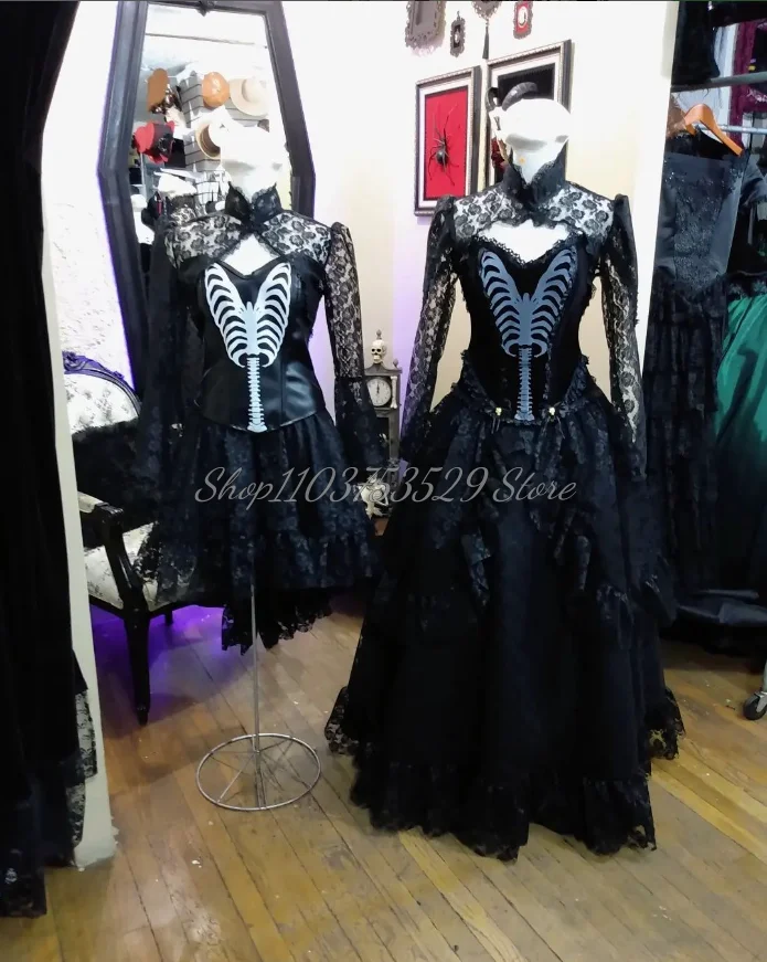 Exquisite Black Victorian Prom Dresses Sexy Lace Applique Long Sleeve Gothic Tiered Puffy Tie Plus Size Punk فساتين حفلة موسيقية