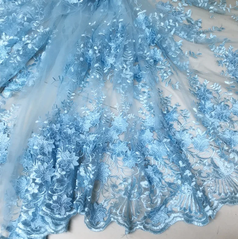 1meter price blue embroidered mesh fabric cheongsam dress costume dance wear lace fabric