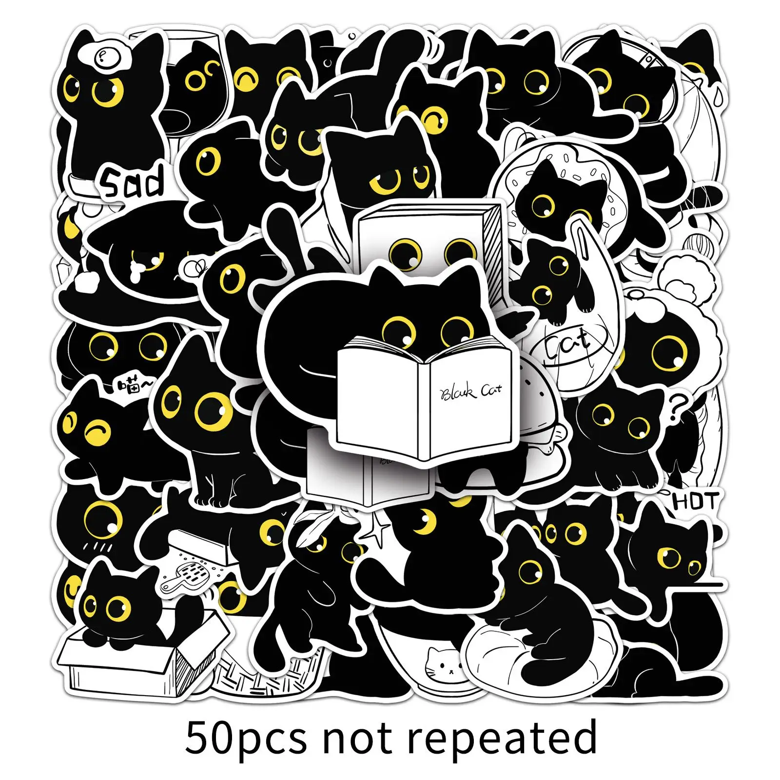 50PCS Kawaii Black Cat Sticker Cute Kitten Funny Meme Graffiti Decorative Skateboard Desk Helmet Bike Decal Kids Toy Gift
