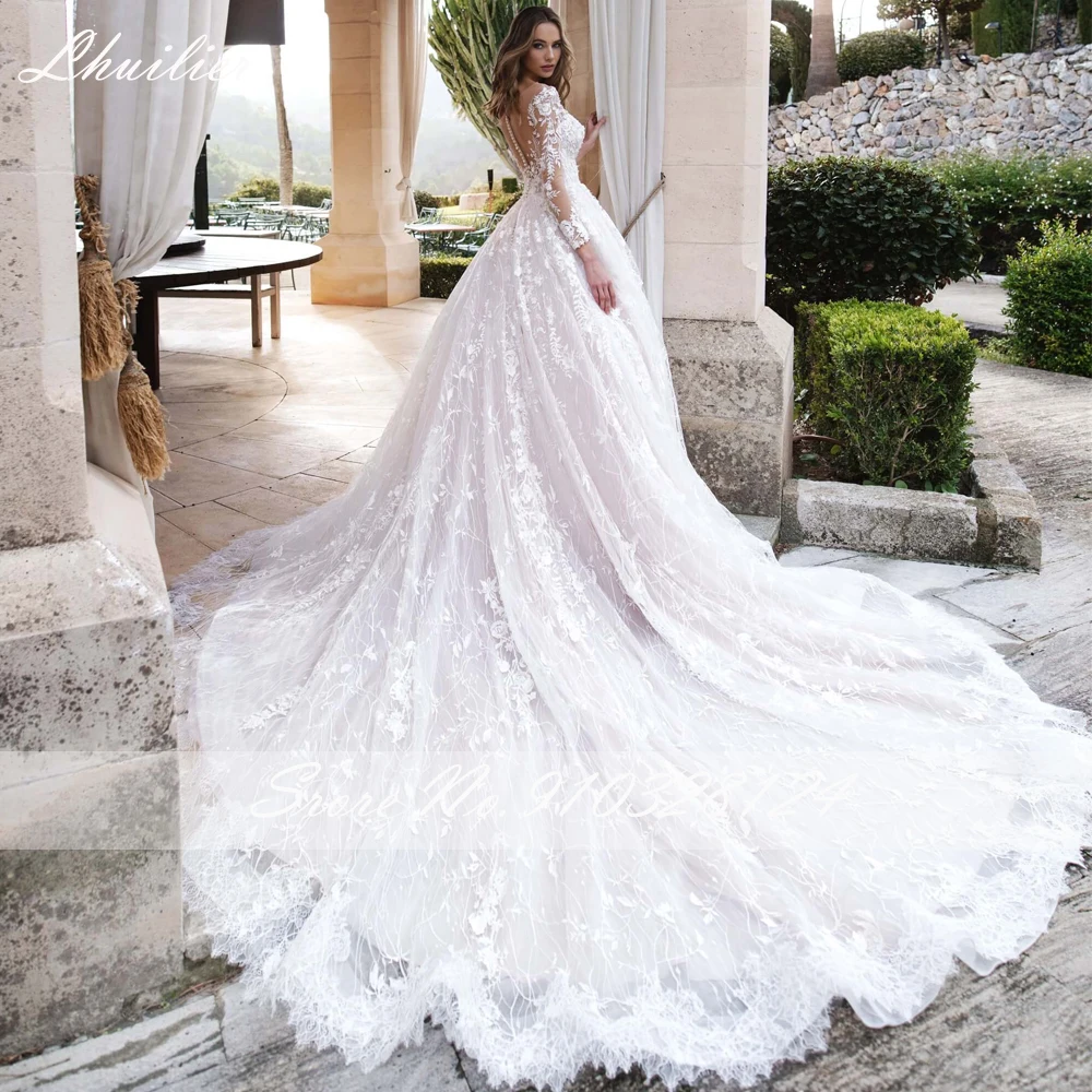 Lhuillier مخصصة مغرفة الرقبة الكرة ثوب الدانتيل فساتين الزفاف الطابق طول كامل الأكمام فستان الزفاف مع قطار مصلى
