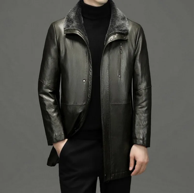 Men's leather jacket autumn and winter medium length leather windbreaker warm fur one-piece coat