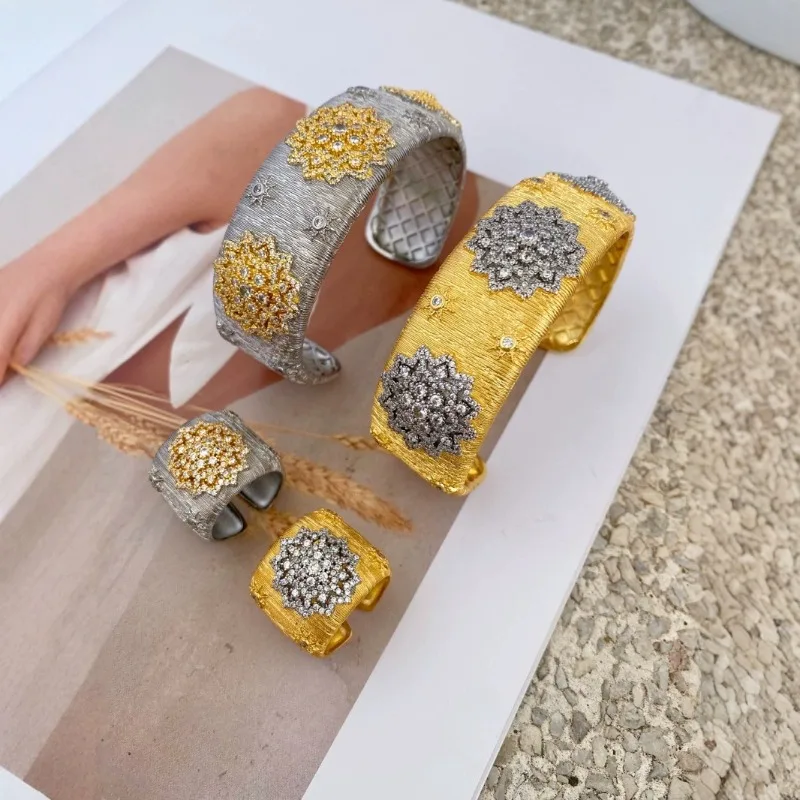 

Retro Italian Bucchi Craft Brushed Gold Plated Copper Set with Zirconia Stones Ring Bracelet Color Block Jewelry Accessories