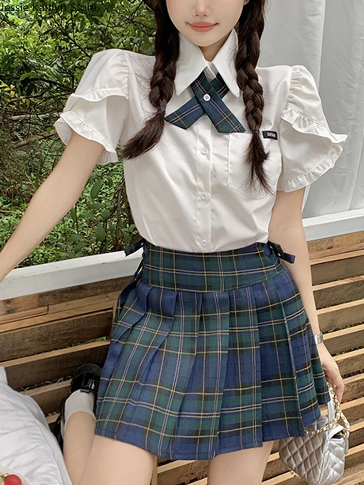 Japanese JK School Student Uniform Women Cute College Girl Anime Cosplay Uniform White Shirt and Plaid Pleated Skirt Uniform Set