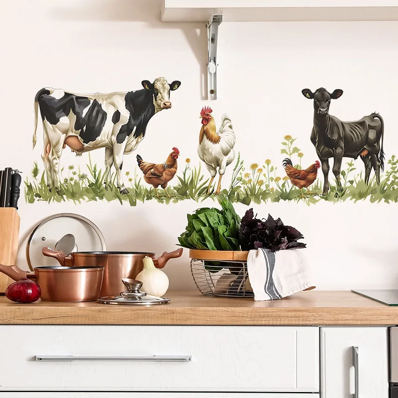 Animal Spring Flowers Grass Cow Rooster Self Adhesive Wall Sticker Peel And Stick Wall Decal For Kids Room Bedroom Entryway Home