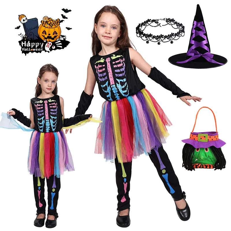 Girls Colorful Skeleton Tutu Costume Set Sleeveless Bone‑Print Top Rainbow Tulle Skirt Kids Outfit for Halloween Cosplay