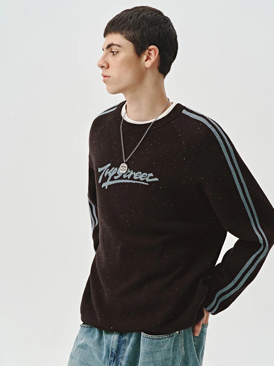 714street Casual Logo Knit Sweater Men's Autumn Winter Crew Neck Sweatshirt Couple Matching Comfortable Loose Fit Long Sleeve