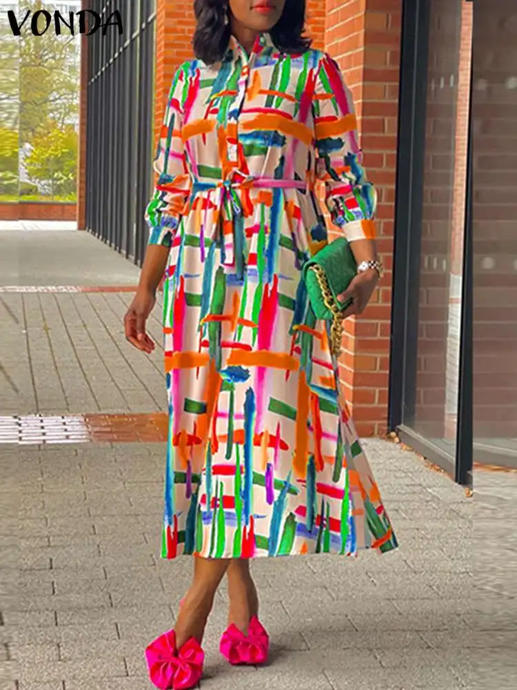 

VONDA Bohemian Printed Shirt Dress 2024 Women Stand Collar Vintage Midi Vestidos Long Sleeve Casual Loose Belted Kaftan Sundress