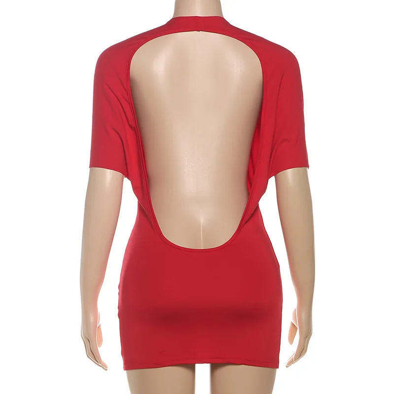 Bangniweigou Women Sexy Back Low Cut Short Sleeve Evening Red Dress Romantic Skinny Mini Sheath