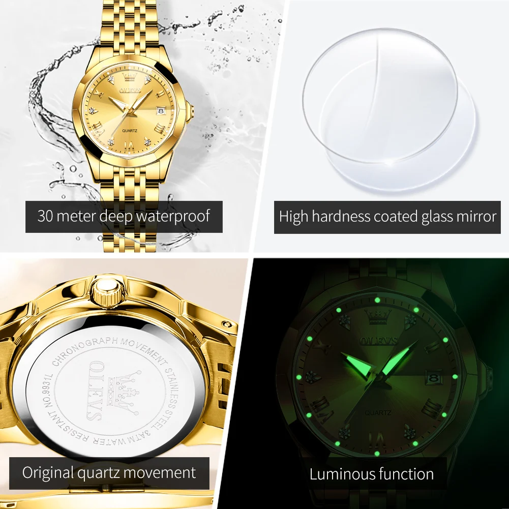 OLEVS 9931 Diamentowy zegarek z rzymską skalą dla mężczyzn i kobiet Rhombus Mirror Auto Date Couple Watches Luksusowy wodoodporny oryginalny zegar ręczny