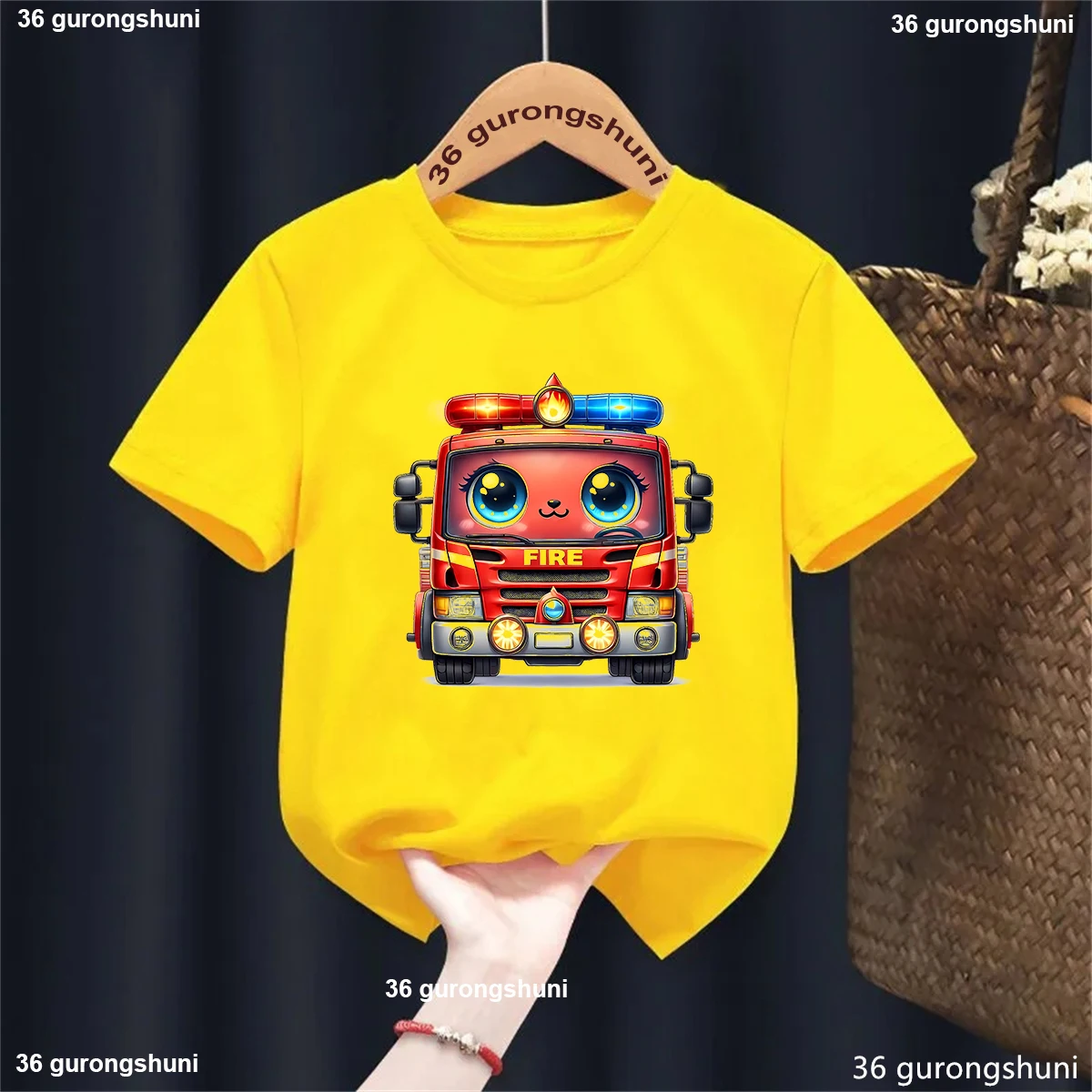 Harajuku Kawaii  Kids Clothes Watercolor Fire Truck Printed T Shirt Girls/Boys Summer Short Sleeve Tshirt Solid T-Shirt Tops