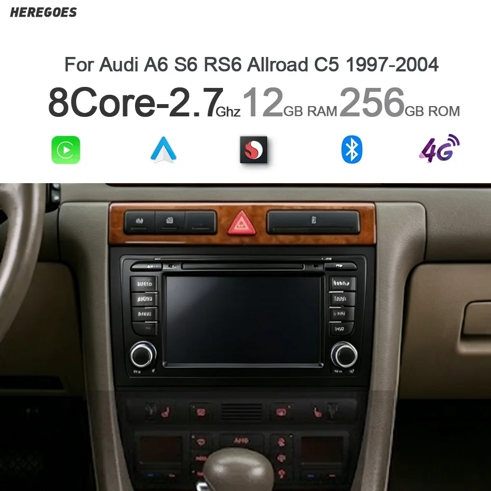 Carplay DSP Android 14.0 12GB +256GB 8Core Multimedia Player GPS Radio Bluetooth Wifi For Audi A6 S6 RS6 Allroad C5 1997-2004